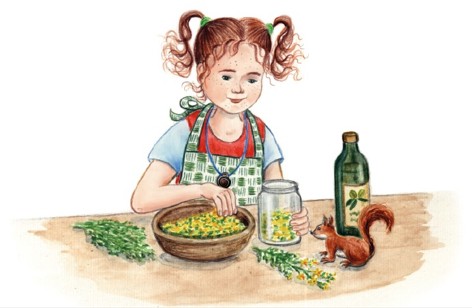 Illustration von Paula, der kleinen Kräuterhexe, die mit Kräutern arbeitet
